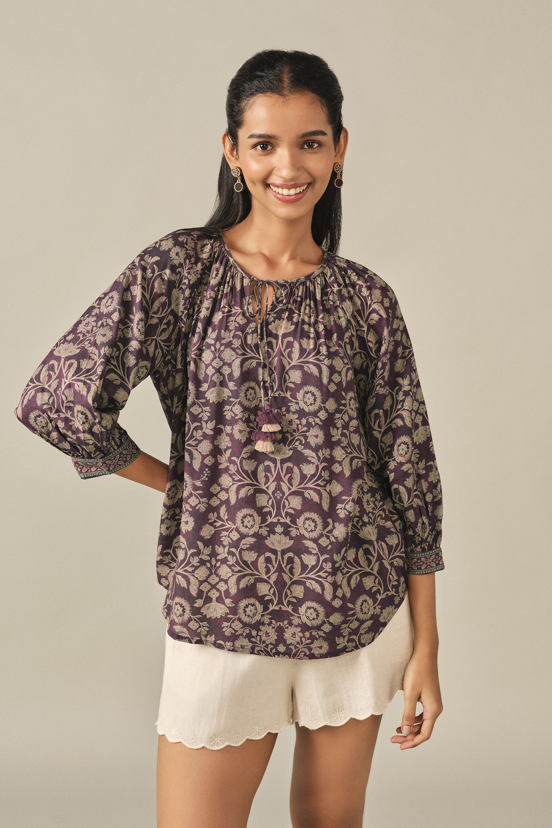 Printed Peasant Top in Purple